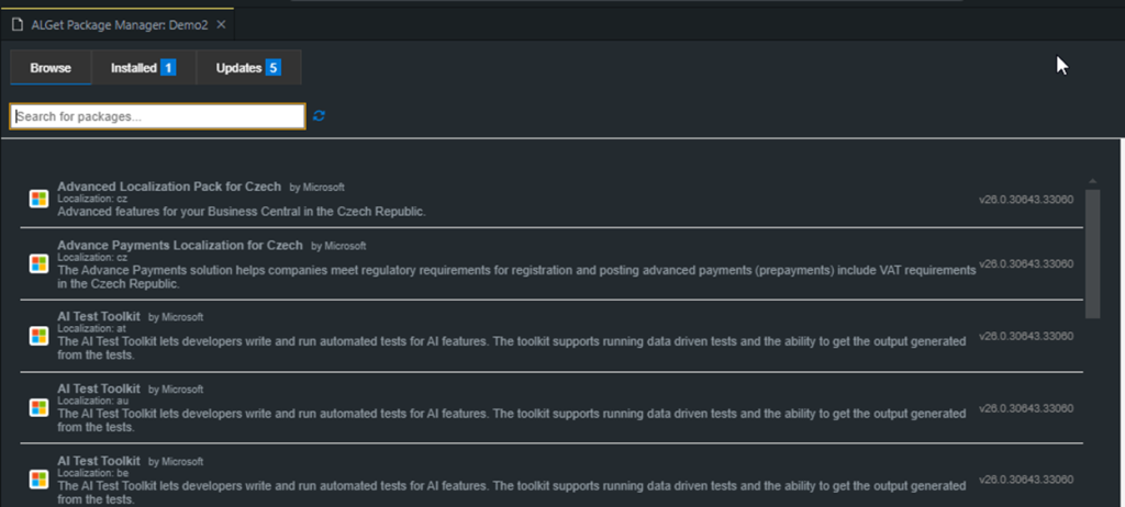 The ALGet package manager browsing Microsoft localization and toolkit packages with their versions