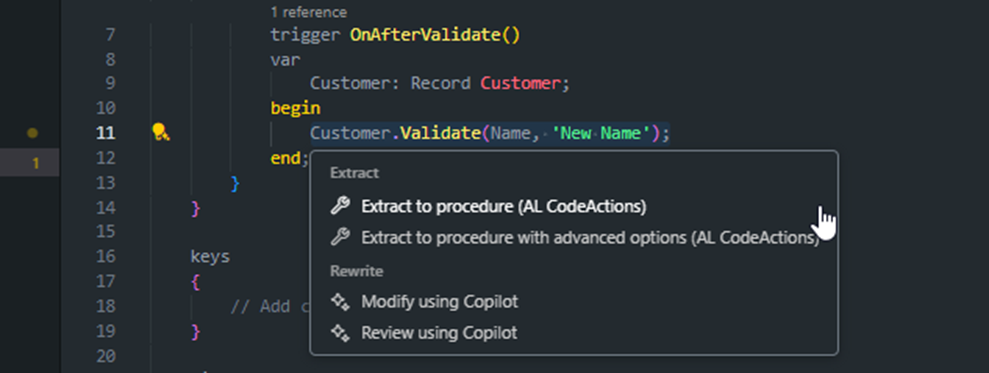 AL CodeActions offering Extract to procedure on a selected statement