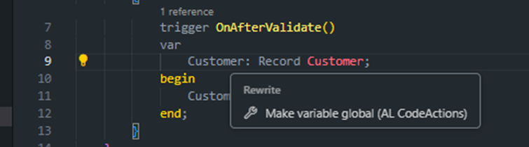 AL CodeActions offering Make variable global on a local variable