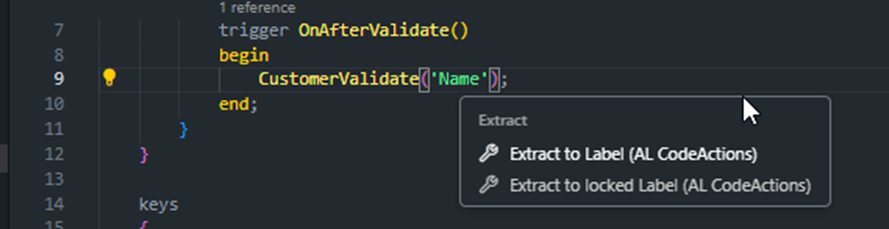 AL CodeActions offering Extract to Label and Extract to locked Label