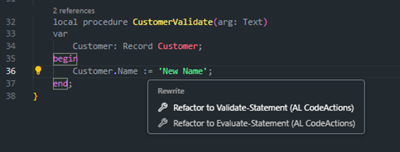 AL CodeActions offering Refactor to Validate-Statement and Refactor to Evaluate-Statement on an assignment