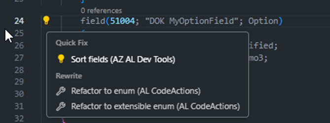 A Quick Fix on an Option field offering Refactor to enum and Refactor to extensible enum