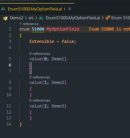 The enum object the refactor produced, with Extensible set to false and three values