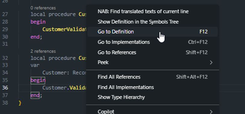 The editor context menu with Go to Definition, the reference commands and the Copilot submenu