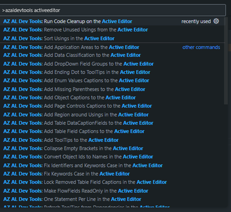 Command palette listing the AZ AL Dev Tools active editor commands, from code cleanup to caption generation