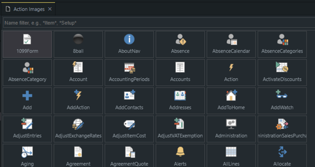 The Action Images gallery, a filterable grid of Business Central action icons with their names
