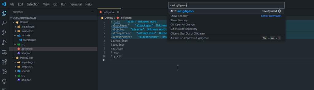 Command palette running ALTB init .gitignore beside the AL-aware ignore file it generates