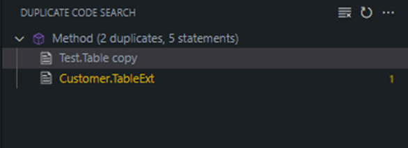 The Duplicate Code Search panel reporting a method with two duplicates across five statements