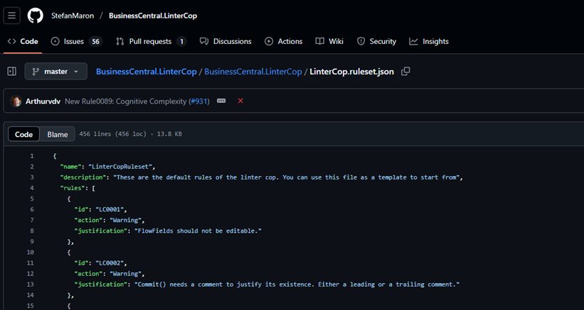 The LinterCop default ruleset on GitHub, showing rules LC0001 and LC0002 with their justifications