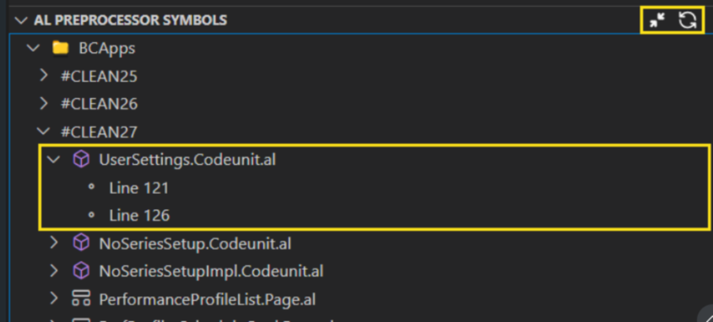 The AL Preprocessor Symbols tree listing CLEAN25, CLEAN26 and CLEAN27 with the files and lines that use them