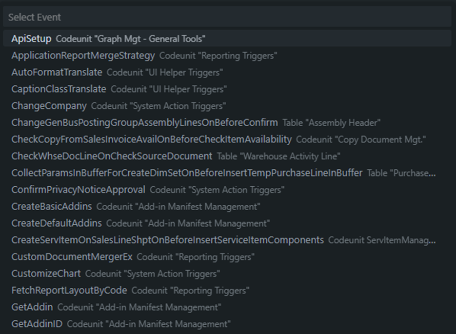 The Select Event picker listing base application events with the objects that publish them