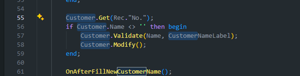 AL code where a Copilot completion filled in the Customer Get, Validate and Modify calls