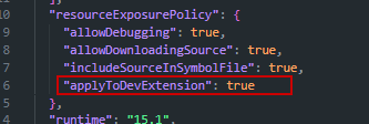 The resourceExposurePolicy block with applyToDevExtension set to true