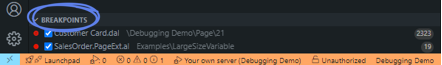 The VS Code breakpoints pane listing two AL breakpoints with their files and line numbers