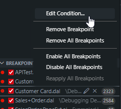 The breakpoint context menu with Edit Condition selected