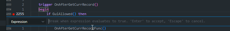 The inline condition box on a breakpoint, set to break when the expression evaluates to true