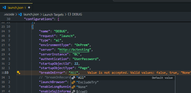 launch.json with breakOnError being set, IntelliSense offering All, ExcludeTry and None