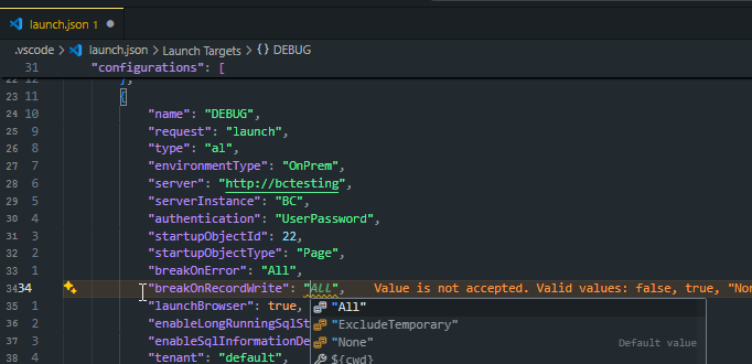launch.json with breakOnRecordWrite being set, offering All, ExcludeTemporary and None