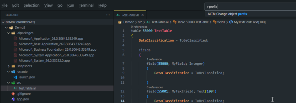 Command palette running ALTB Change object prefix against an open AL table