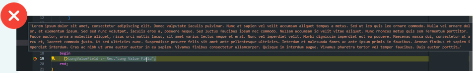 A debugger tooltip truncating a very long text field value mid-sentence