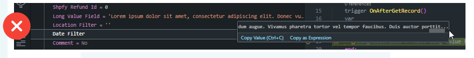 The variables pane offering Copy Value and Copy as Expression on the truncated value
