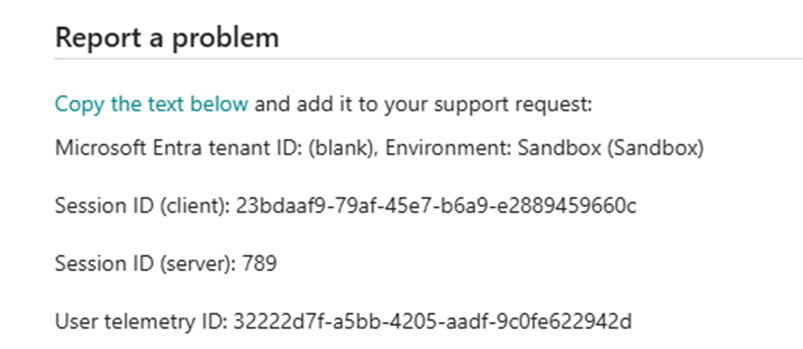 The Business Central Report a problem pane showing the client and server session IDs