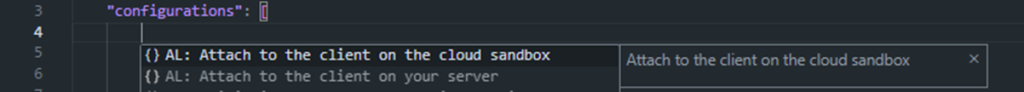 launch.json IntelliSense offering the AL attach configurations for cloud sandbox and your own server