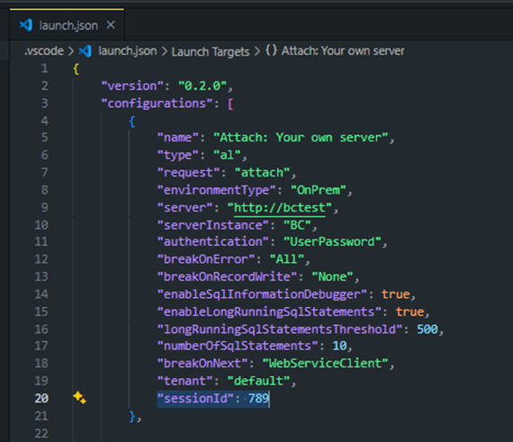 An attach configuration with sessionId set to the session taken from Report a problem