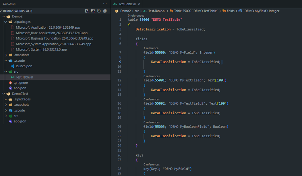 The same table after the change, every object, field and key name carrying the DEMO prefix
