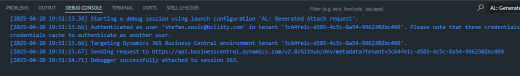 The debug console confirming the debugger attached to the session over the Business Central API