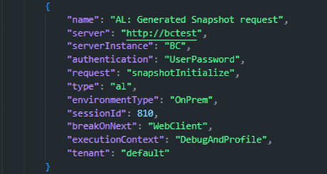 A generated snapshot request configuration, with snapshotInitialize and DebugAndProfile execution context