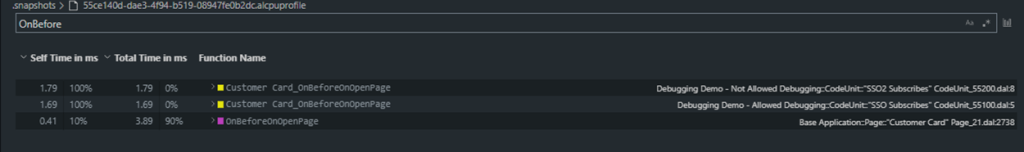The same profile filtered to OnBefore, showing the subscribers that ran and their timings