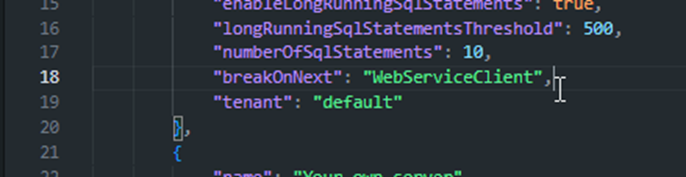 An attach configuration with breakOnNext set to WebServiceClient, to catch the next API call