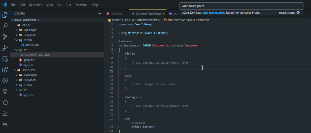 Command palette adding namespace support, with the namespace and using lines added to a table extension