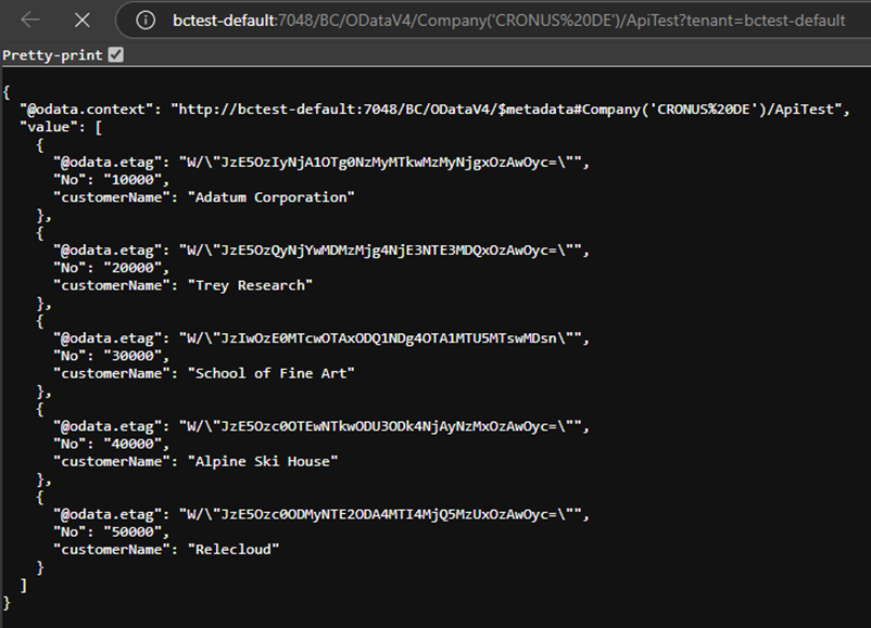 The OData API response in a browser, listing customers with their numbers and names