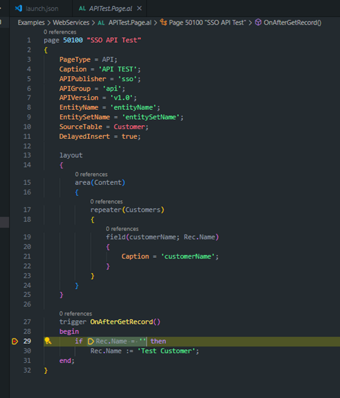 The API page AL source, stopped on a breakpoint inside its OnAfterGetRecord trigger