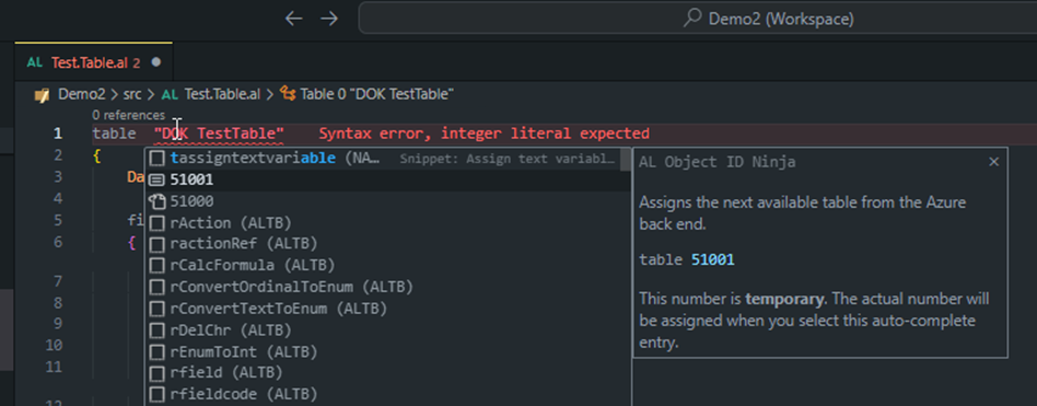 AL Object ID Ninja offering the next free table ID through IntelliSense, explaining the number is temporary