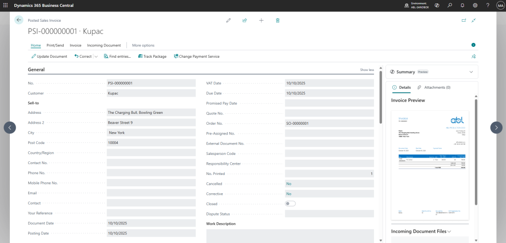 Posted Sales Invoice page in Business Central showing a PDF invoice preview in the Summary FactBox.
