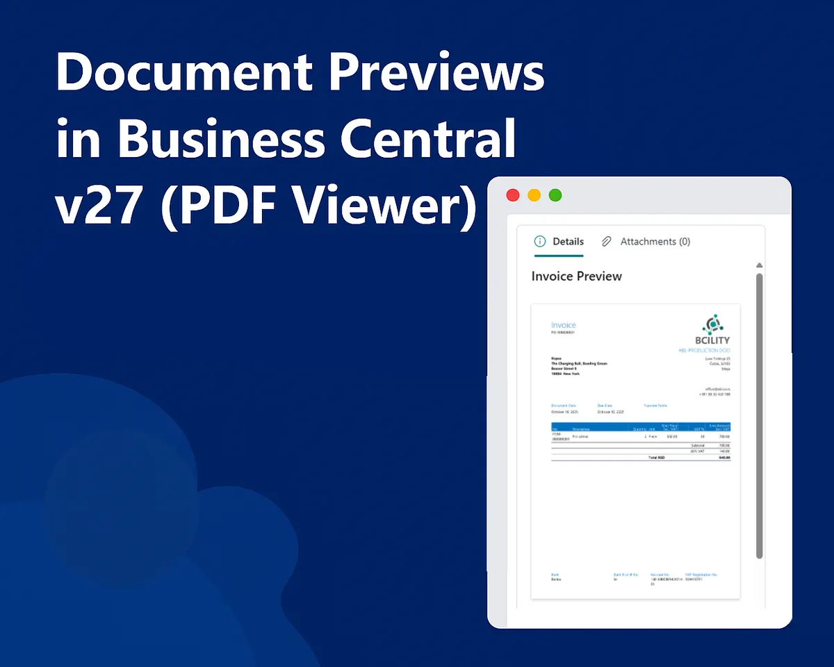 Blog title card with a browser mock-up reading Document Previews in Business Central v27 (PDF Viewer).