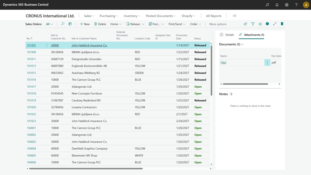 A sales order list with the attachment factbox showing the file stored externally