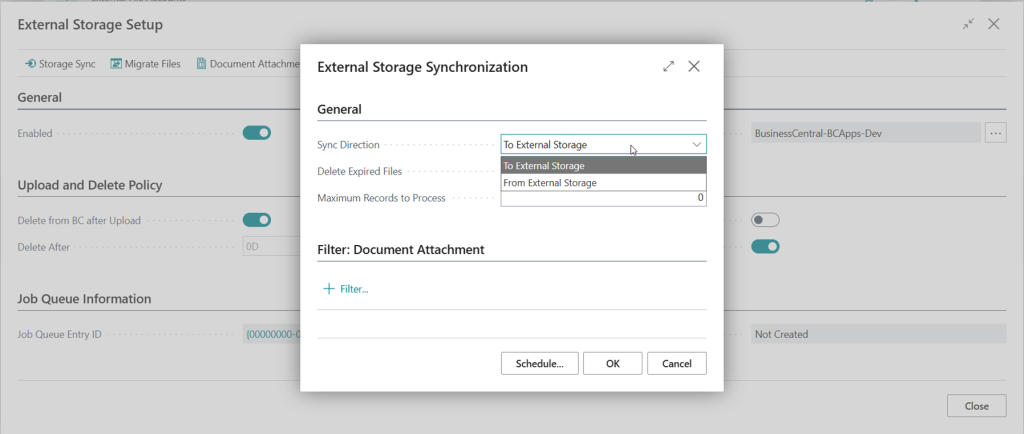 The External Storage Synchronization dialog, with sync direction set to or from external storage