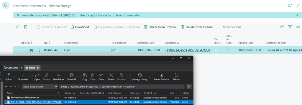 The Document Attachments - External Storage page beside Azure Storage Explorer, showing the same file with its GUID name in the blob container