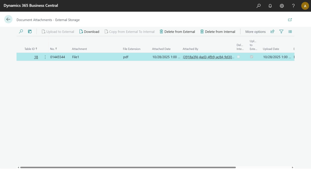 The Document Attachments - External Storage list, one uploaded attachment with its external file path