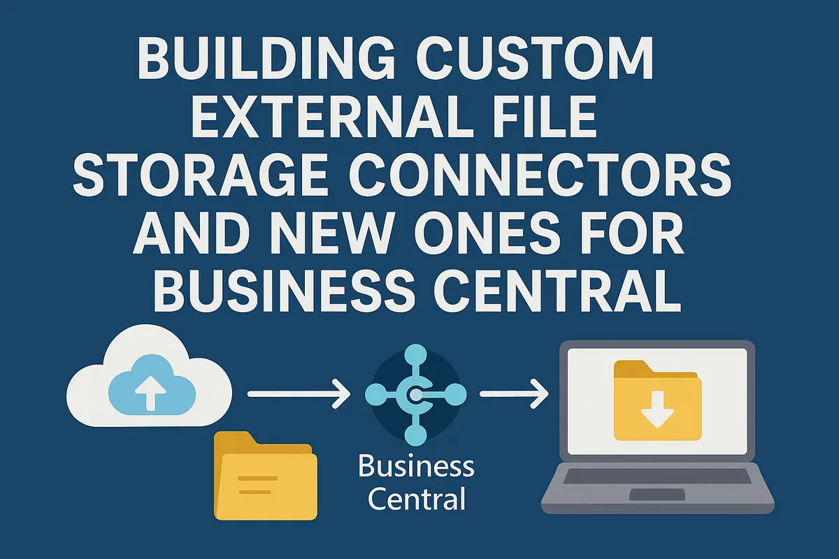 Blog title card with a cloud storage icon reading Building Custom External File Storage Connectors for Business Central.
