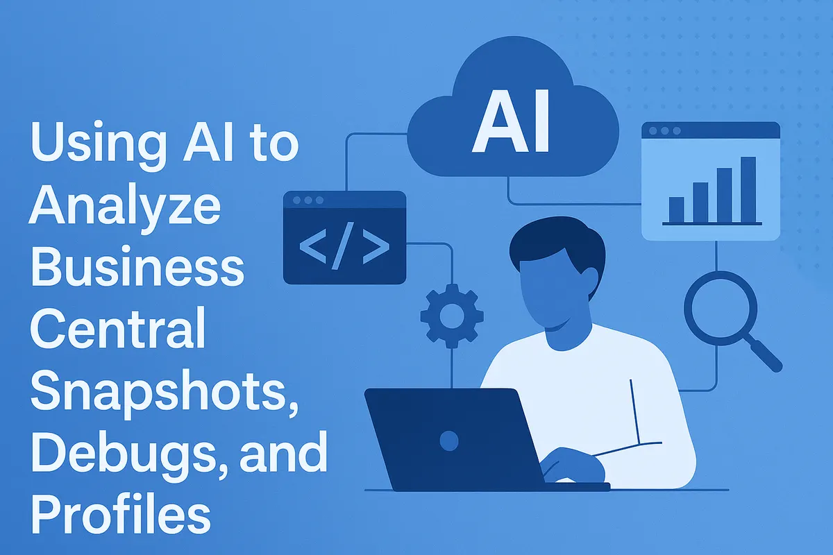 Blog title card with an AI/brain icon reading AI for Debugging Business Central Snapshots and Profiles.