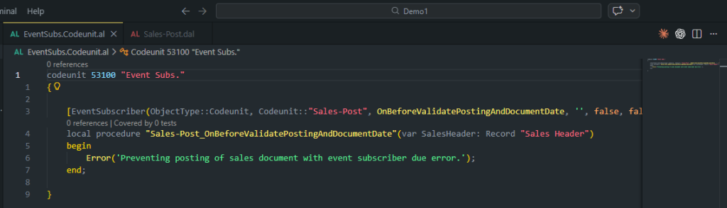 AL codeunit with an event subscriber on Sales-Post OnBeforeValidatePostingAndDocumentDate that throws an Error().