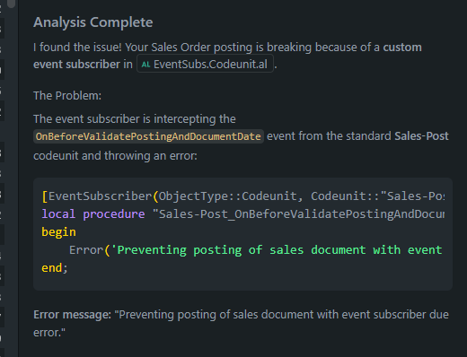 AI analysis complete message showing the offending event-subscriber code and the thrown error text.