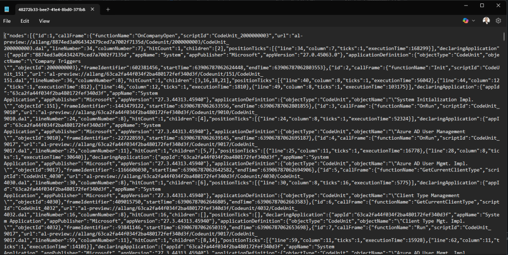 Raw snapshot debugging profile JSON opened in a browser tab.