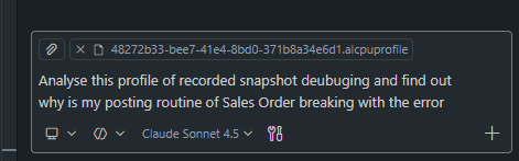 Copilot chat prompt with an attached .alcpuprofile asking why Sales Order posting is breaking.