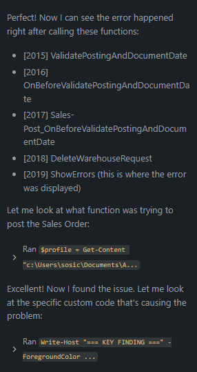 AI analysis output listing the call flow around ValidatePostingAndDocumentDate and highlighting a key finding.